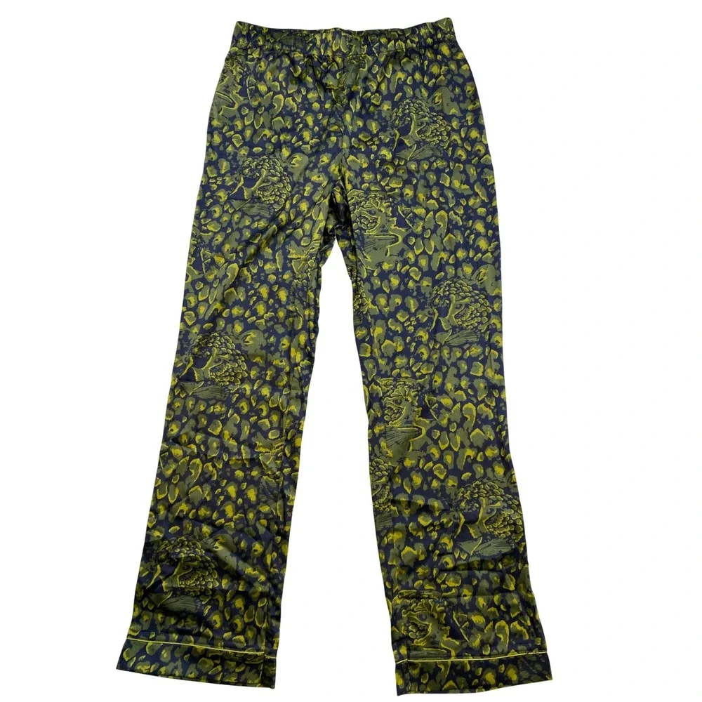 Chelsea Peers Pajama Set‎ Womens Small Green Navy Leopard Print 2pc Sleepwear